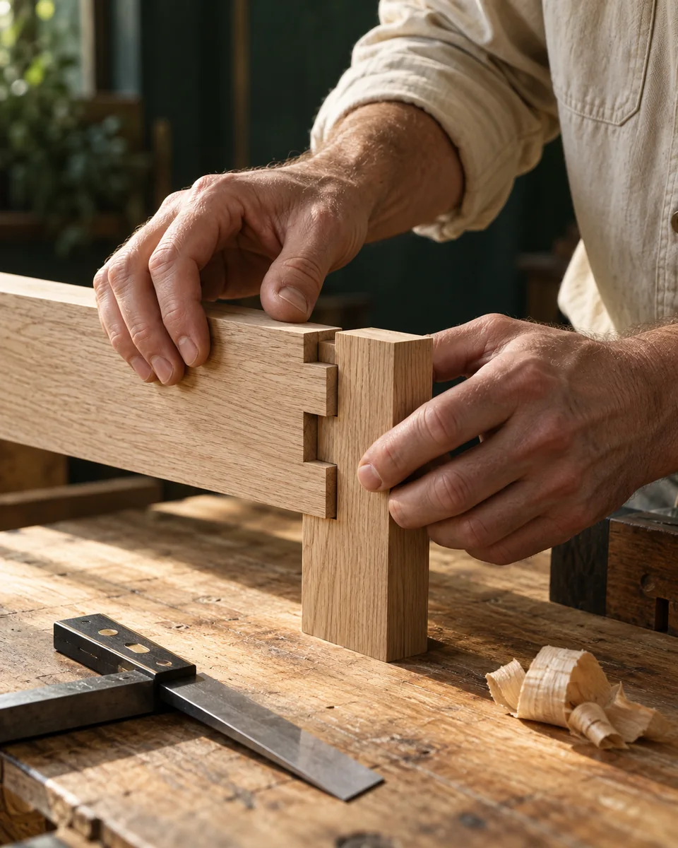 Hands carefully fitting a wooden joint on a workbench beside a metal square.