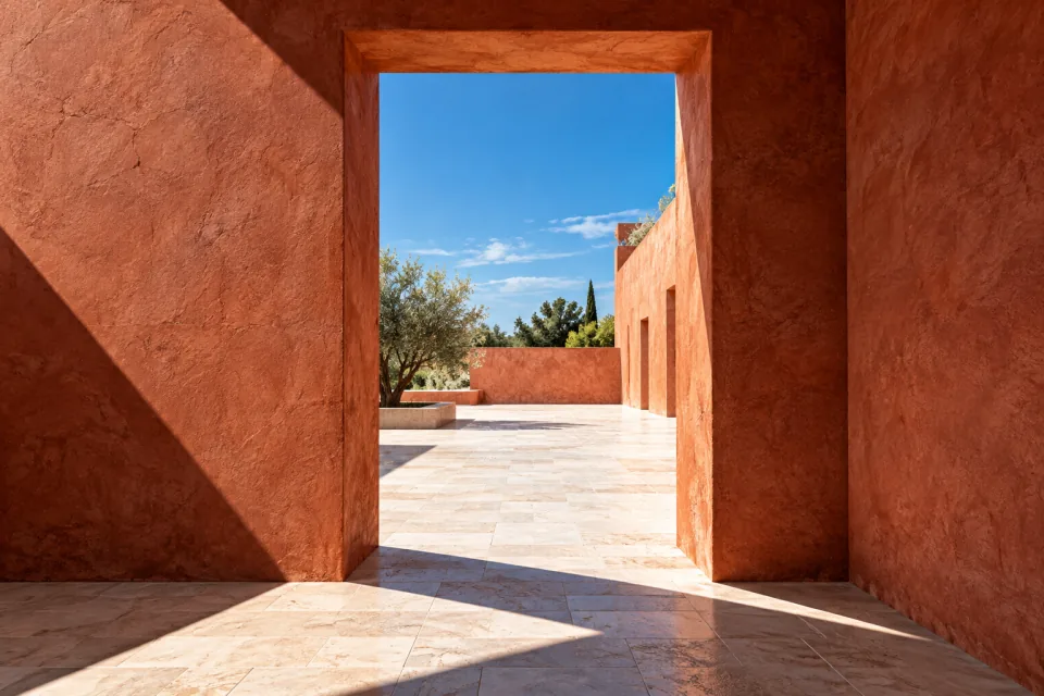 A terracotta doorway opening onto a pale stone courtyard beneath a clear blue sky.