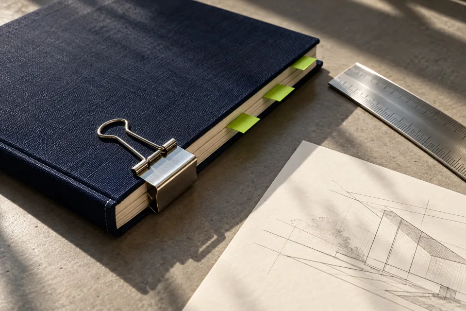 A navy project book with lime edge tabs and a silver binder clip beside a drafting ruler and architectural sketch.