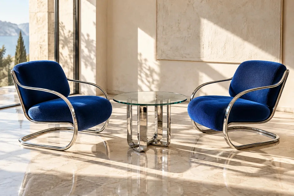 Two cobalt upholstered chrome chairs facing one another across a glass table in a sunlit room.