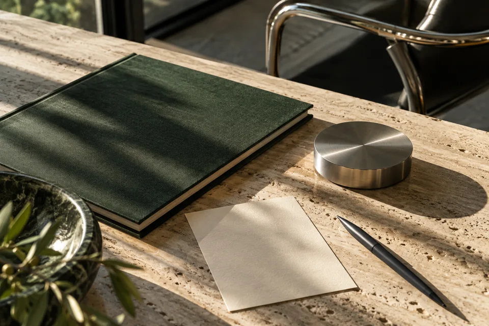 A forest-green project folio, silver paperweight and pen on a sunlit travertine table.