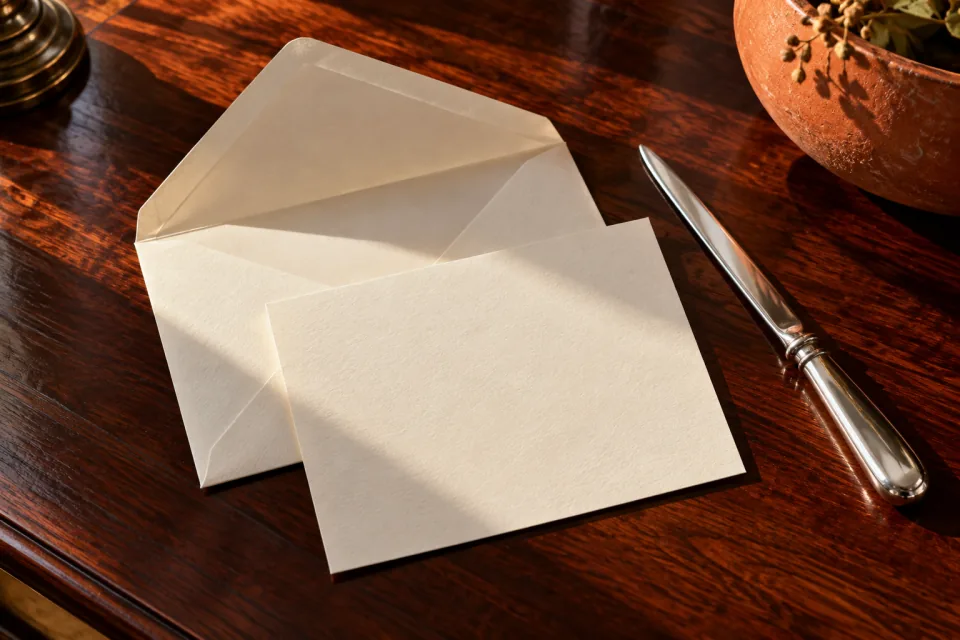 Open ivory envelope and a blank correspondence sheet on dark cherry wood beside a silver letter opener in warm sunlight.