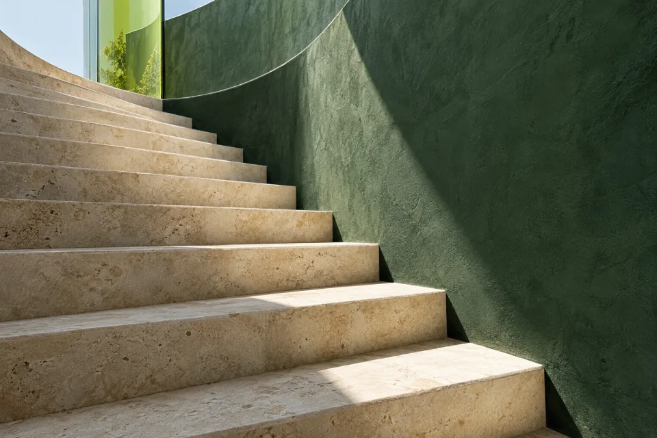 Pale stone stairs rising into sunlight beside a curved forest-green wall and a translucent lime-glass accent.
