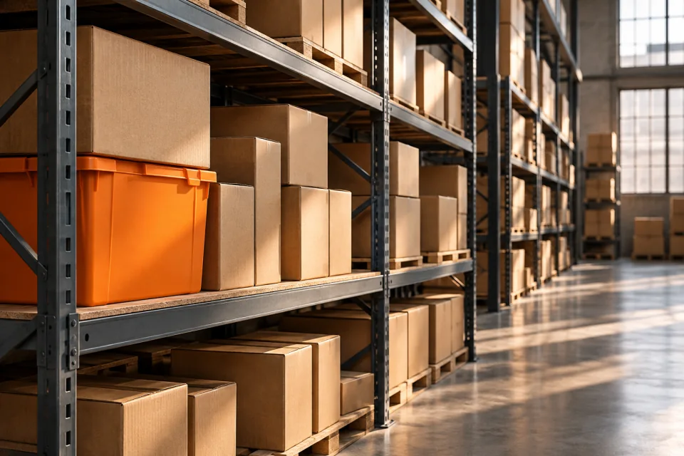 Kraft parcels and a bold orange storage bin arranged on geometric warehouse shelving.
