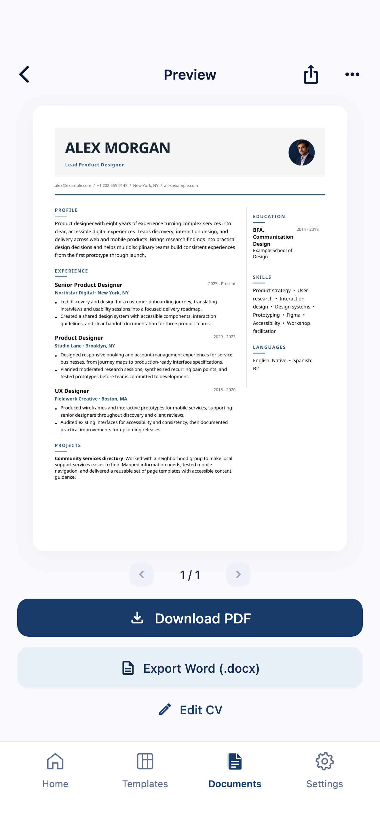 CVura resume preview with Download PDF and Export Word controls and a fictional Alex Morgan resume